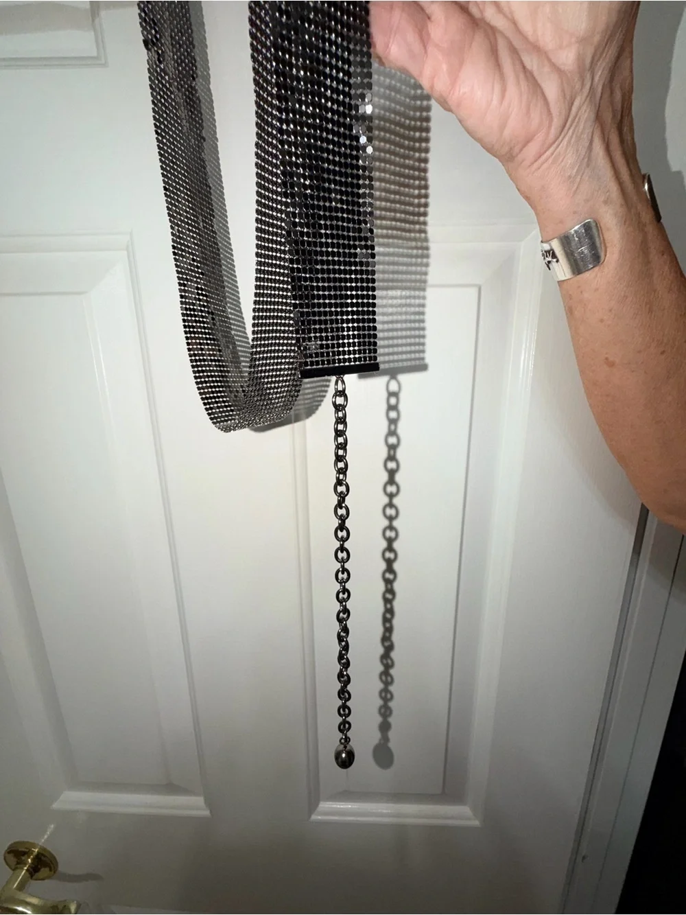 Sparkling Gunmetal Shimmery Mesh Waist Belt with Chain Accent